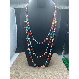 Multicolored 3 Strand Beaded Necklace Lobster Claw Clasp Southwestern Boho Chic